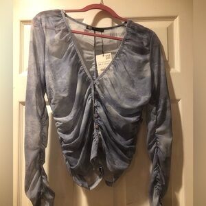 New Zara Marble Blue Ruched Blouse